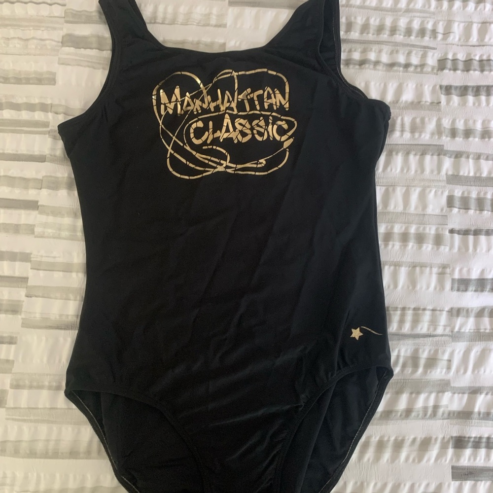 Black leotard with gold writing in size X-Large (XL)